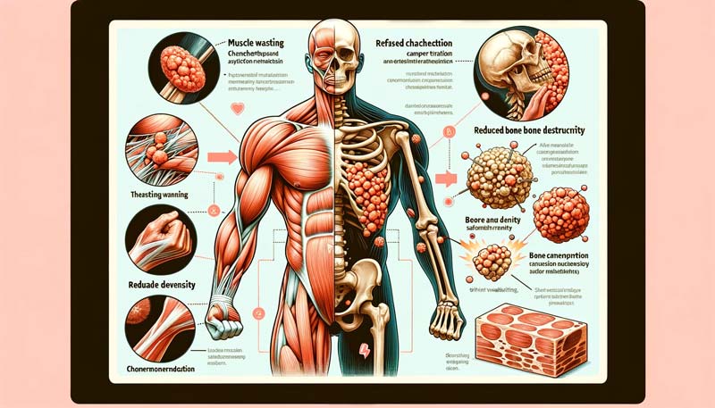 An infographic showing the physical effects of cancer treatments like chemotherapy and radiation on muscle tissue and bone structure, illustrating muscle wasting and reduced bone density.