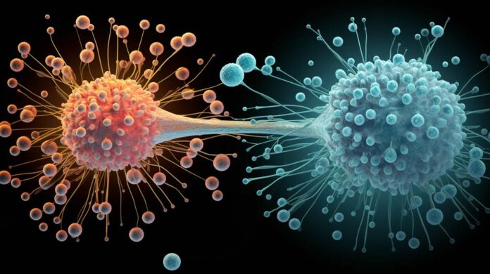 An illustration highlighting the progression of cancer at the cellular level, contrasting normal cell division with the uncontrolled proliferation of cancer cells. This image emphasises the impact of cancer on physical health.