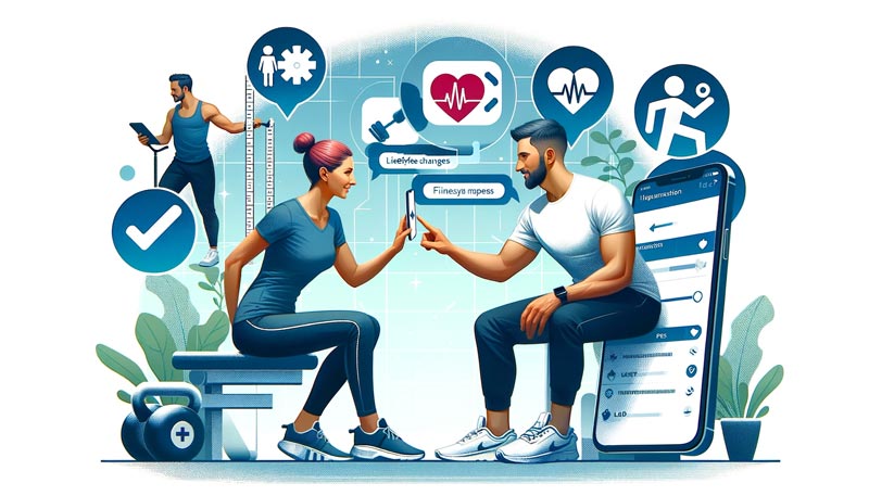 An image showcasing a supportive conversation about health and lifestyle changes, where an enthusiastic fitness coach is sharing a health-related mobile app or a fitness plan with a motivated individual, emphasizing collaboration, partnership, and positive interaction.