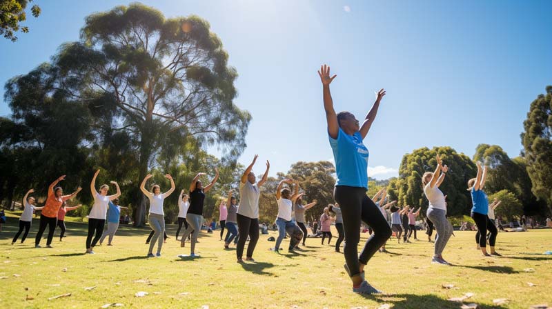 A wide-angle view of a diverse group of individuals actively participating in Radio Taiso exercises in a sunny, open park, reflecting a sense of community and shared enthusiasm for wellness.