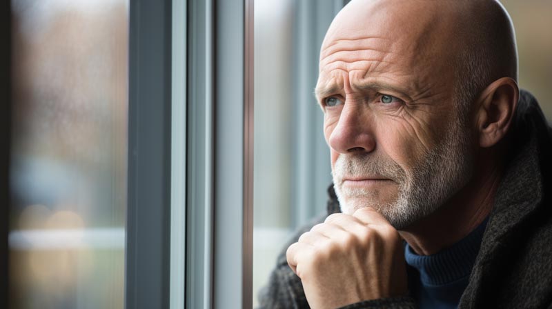 An image of a middle-aged Caucasian man gazing out of a window, reflecting deeply with a look of contemplation and concern, symbolizing the internal considerations about a loved one's health and lifestyle choices.