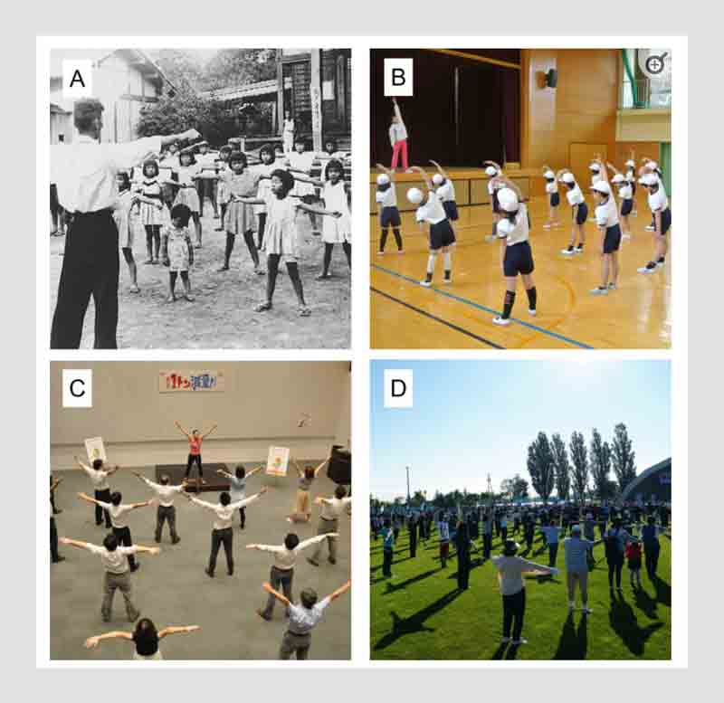 Collage of four photographs showing various groups in Japan performing Radio-Taiso exercises in different settings, including children outside, a school gym, an office, and a large outdoor community gathering.