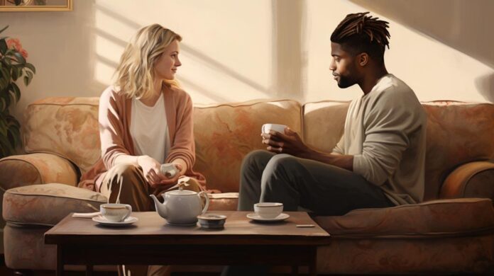 An image capturing an emotional and empathetic conversation between a Caucasian woman and a Black man, on the topic of health and lifestyle changes. The sitting in a home setting with a warm ambiance, highlighting a sense of closeness and mutual understanding.