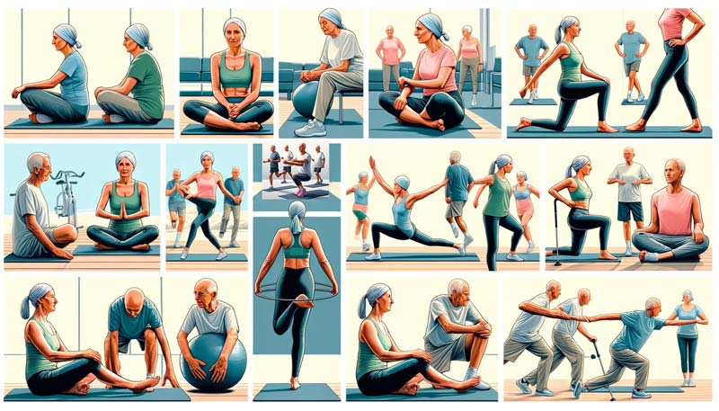 A collage featuring a variety of adapted exercises specifically designed for cancer survivors. This visual guide includes low-impact aerobic exercises, balance exercises, and gentle resistance training, all depicted clearly without any text, catering to the diverse physical abilities of individuals post-cancer treatment.