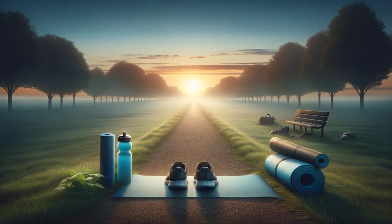 Wide landscape of a park at dawn with health items on the pathway, symbolising a cancer journey and exercise.