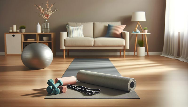 A wide image of a tranquil space with neatly arranged exercise equipment including a yoga mat, light dumbbells, and resistance bands.