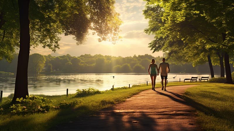 A visually uplifting image showing two people walking or jogging together in a serene park or natural setting, symbolizing a shared journey towards better health. The environment is peaceful and picturesque, indicative of progress and mutual support in health changes.