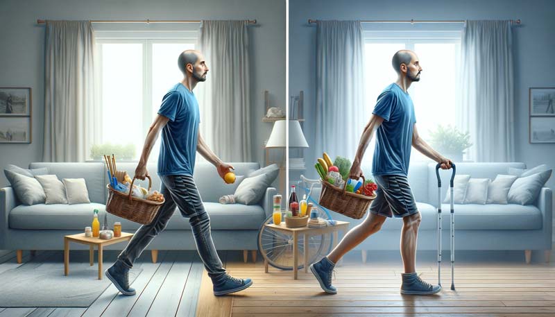 A photorealistic side-by-side visual comparison of the same person showing the impact of cancer on health. The left side depicts the person performing daily activities with ease, like walking and carrying groceries, representing health and normal physical function. The right side portrays the same individual post-cancer treatment, subtly illustrating signs of weakness such as mild fatigue and a slightly limited range of motion, but without severe physical limitations. This image thoughtfully captures the nuanced changes in daily life due to cancer treatment.