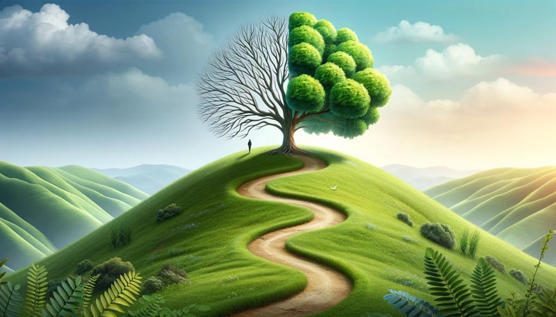 A wide image depicting a half-bare, half-flourishing tree on a hill with a winding path leading up to it, representing the journey of a cancer survivor.