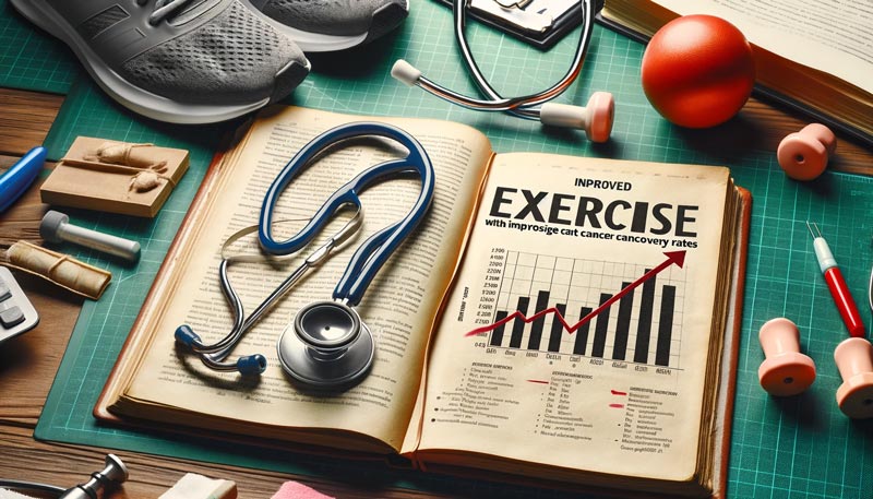 Cancer and exercise, an image of an open scientific journal with a graph, a stethoscope, and sports shoes, representing the link between exercise and cancer recovery.