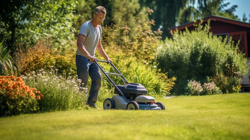 A photo of a middle-aged man mowing the lawn, symbolising the integration of physical activity into everyday tasks. The scene captures the man actively engaged in this common household chore, which involves physical exertion.