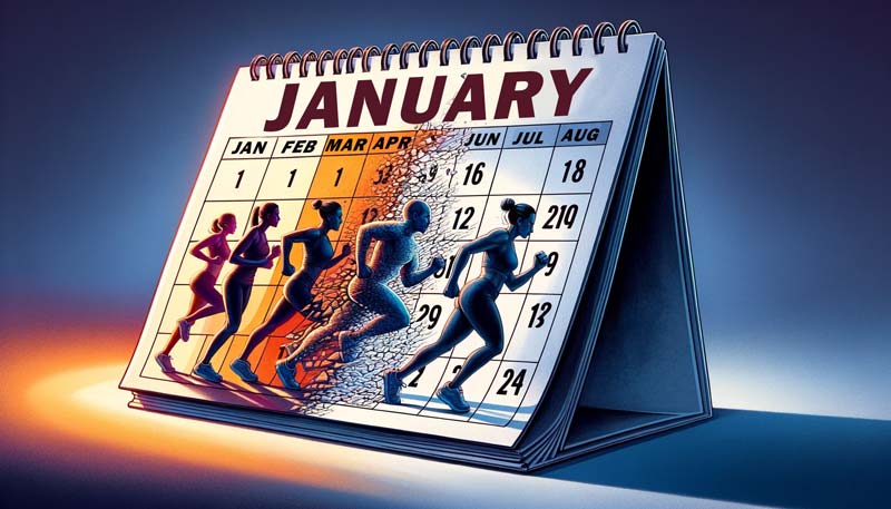 An image depicting a calendar transitioning from January, vibrant and active with scenes of fitness and wellness resolutions, to February, where the imagery becomes more muted, symbolising the decline in commitment to these resolutions.