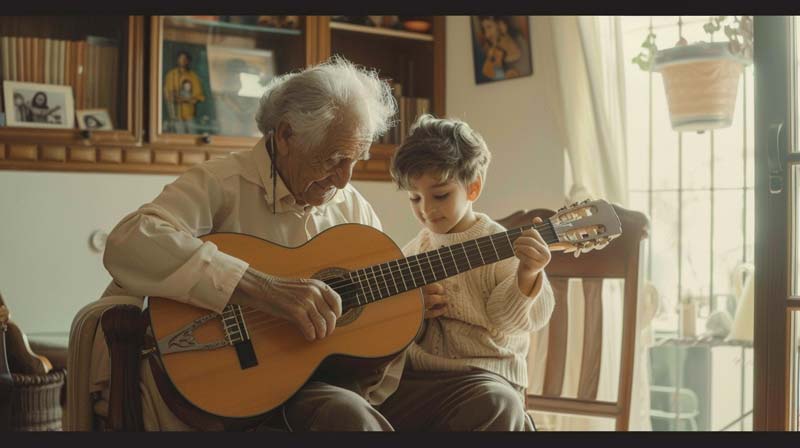 A heartwarming image of an elderly man teaching a young boy to play the guitar, showcasing the intergenerational transfer of knowledge and the music and cognitive health benefits.