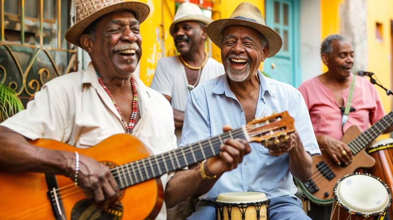 A joyful group of senior friends playing various musical instruments in a vibrant setting, highlighting the music and cognitive health benefits.