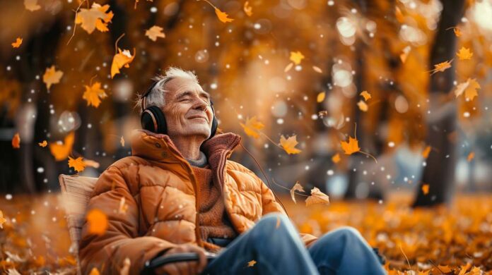A senior male individual, sitting amidst a park adorned with fallen autumn leaves, is peacefully immersed in music with headphones on. The image embodies a serene moment reflecting the harmony between music and cognitive health benefits, resonating with themes of mindfulness and well-being.