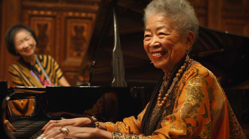 Two Asian women share a moment of joy and connection at their pianos, embodying the music and cognitive health benefits that transcend age.