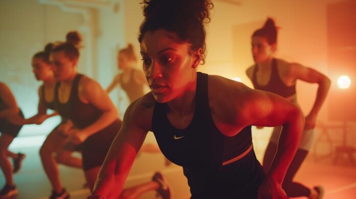 A group of focused individuals participating in a HIIT 4x4 VO2 Max Protocol workout in a modern studio setting, embodying energy and determination.