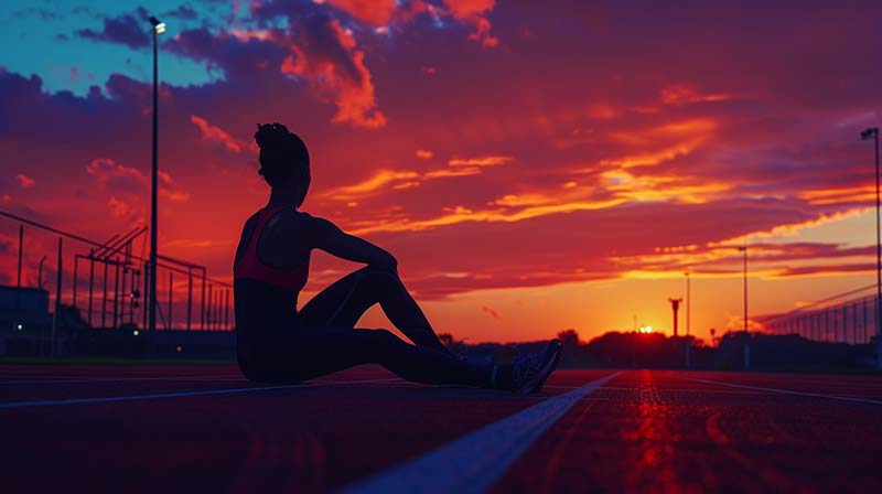 An athlete takes a moment of rest on a running track, silhouetted against a vibrant sunset sky.