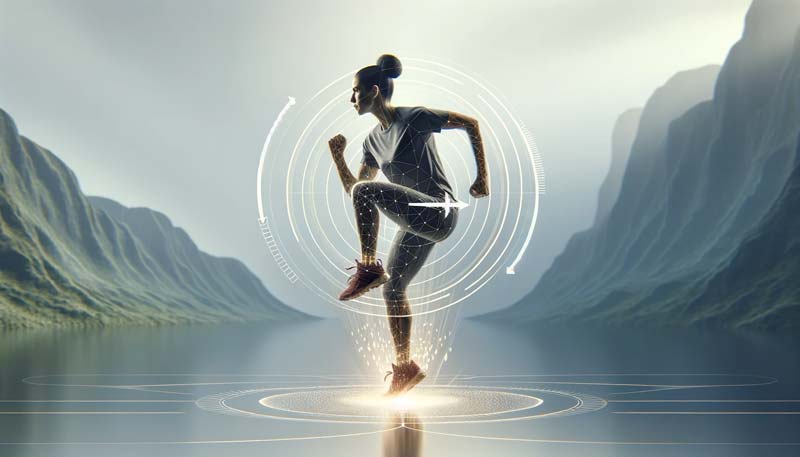 A runner illuminated by futuristic graphics demonstrates a HIIT 4x4 VO2 Max Protocol exercise in a serene mountain lakeside setting.