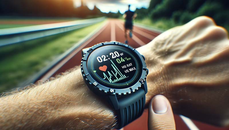 Close-up of a fitness watch on a runner's wrist showing heart rate and VO2 max data from a HIIT 4x4 VO2 Max Protocol session, with a runner in the background on a track.