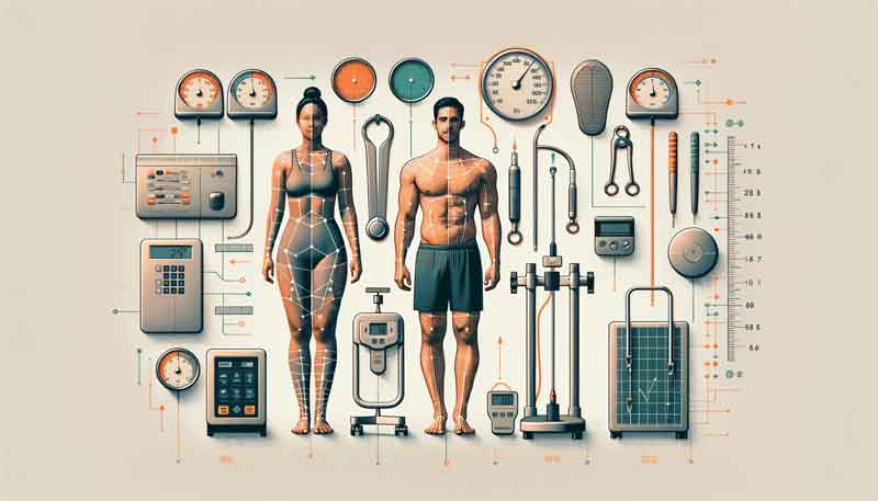 A representation of a woman and a man with body compositions next to body composition measurement tools, including skinfold callipers, BIA devices, hydrostatic weighing setup, and DEXA scan equipment, reflecting the understanding BMI and body fat percentage.