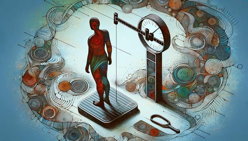 An artistically drawn image abstractly representing a person standing on a scale with a height measuring device next to them, symbolising health and fitness assessment.