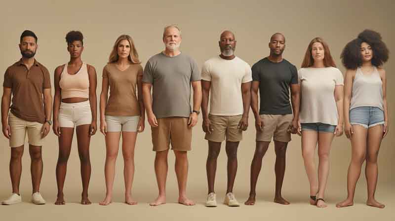 A wide image featuring a diverse group of people in everyday clothing, showcasing a variety of body shapes and sizes to represent the general population, with different body fat percentage.