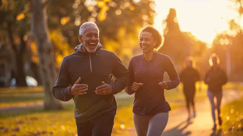 A black couple, a man and a woman, are joyfully jogging together in a park, with warm sunlight filtering through the trees, highlighting their smiling faces and the positive energy of an active lifestyle.