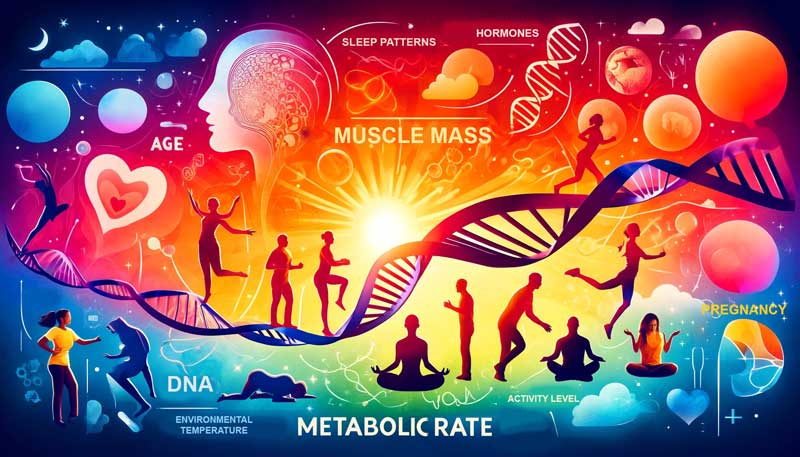 A collage depicting age through transitioning skies, muscle mass with diverse silhouettes in yoga poses, activity levels shown through light physical activities, and genetics represented by a winding DNA helix, illustrating the key factors influencing metabolic rate.