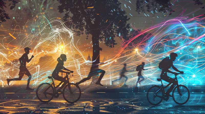 Dynamic silhouettes made of colorful energy lines, representing people engaging in sprinting, cycling, and running activities in an urban area at sunset, with a modern cityscape in the background.