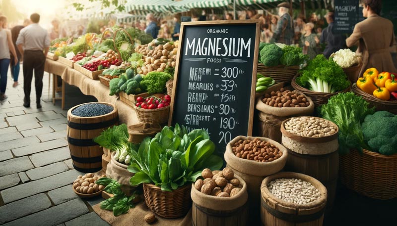 A vibrant farmers' market scene with baskets of greens, sacks of nuts, and barrels of seeds and legumes, each with chalk signs correctly spelling 'magnesium' to detail their content.