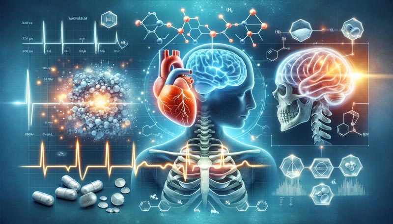 A composite image illustrating the magnesium health benefits, featuring a heart monitor for cardiovascular health, serene brain imagery for mental well-being, and a skeletal structure for strong bones, supplemented with magnesium molecular structures and health charts.