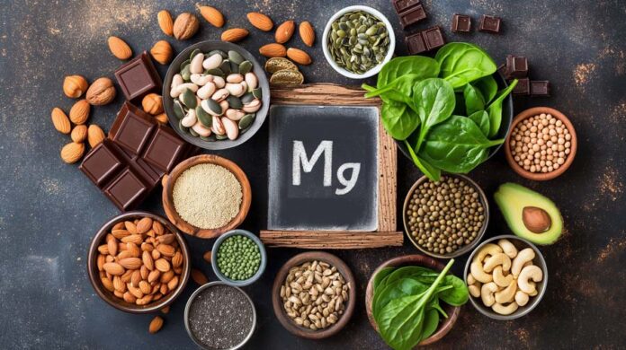 Magnesium health benefits: an array of magnesium-rich foods including spinach, nuts, seeds, and legumes arranged on a wooden surface with a chalkboard displaying the 'Mg' symbol.