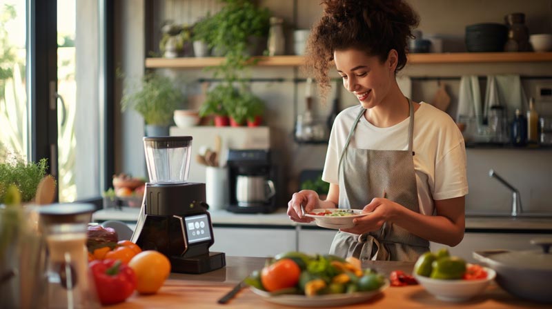 A smiling young woman with curly hair stands in a bright, modern kitchen, holding a plate with a colorful salad she has prepared. Various fresh vegetables and fruits are visible on the kitchen countertop.