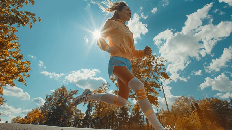 A joyful female in shorts and knee-high compression socks walking energetically in an urban park, blending a bustling cityscape with lush greenery, emphasising the integration of compression socks into a vibrant, healthy lifestyle and the benefits of compression socks.