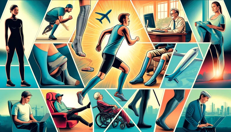 A collage of different individuals engaging in various activities while wearing compression socks, showcasing benefits like performance enhancement, relief from prolonged sitting, prevention of swelling during flights, and support for stability.