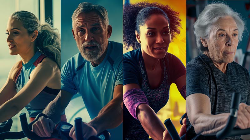 A dynamic collage illustrating diverse individuals engaging in various cardiovascular exercises: an elderly man on an elliptical, a young woman on a stationary bike, a middle-aged man on a rowing machine, each set against a vibrant and active background.