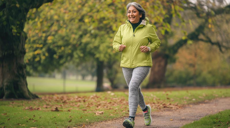 A middle-aged South Asian woman briskly walking in a lush park, wearing a green jacket and grey leggings, symbolising the accessibility of cardiovascular health through everyday activities.