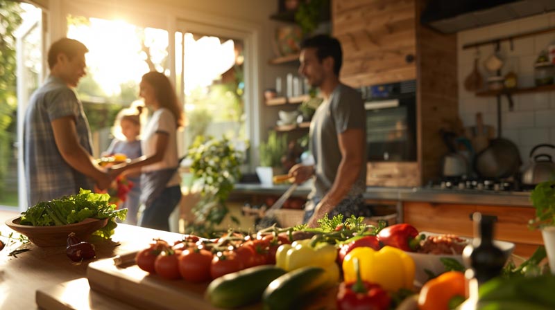 A family preparing a healthy meal in a kitchen, with children playing in the background outside, depicting a heart-healthy lifestyle that includes nutritious eating and physical activity, To aid cardiovascular health and fitness.