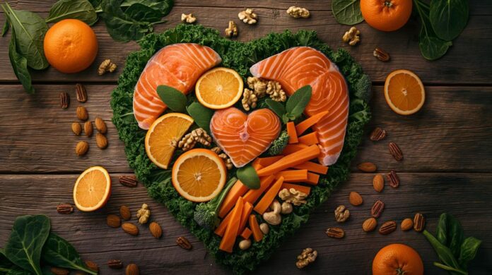 A heart-shaped arrangement of heart-healthy diet foods including salmon, oranges, carrots, and leafy greens on a wooden table.