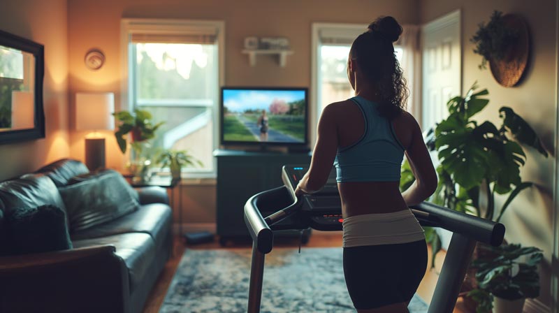 An individual jogging on a treadmill in a cozy home living room, watching a motivational fitness program on television, highlighting the integration of cardiovascular health and fitness exercise into daily life.