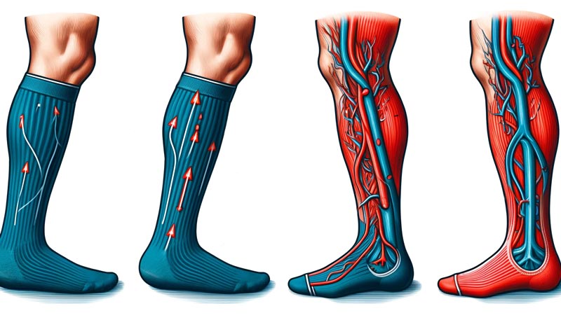 Medical illustration showing two legs: the left leg wears a knee-high compression sock, displaying improved blood flow with blue arrows and calm nerve activity. The right leg wears an ankle-high normal sock, displaying reduced blood flow with red arrows and active nerve activity.