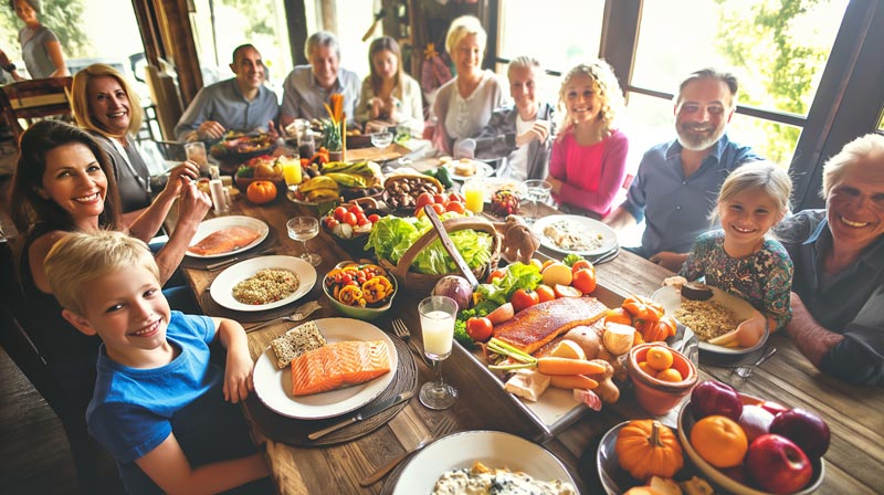 A diverse age of people enjoying a heart-healthy meal around a large dining table filled with dishes like grilled salmon, quinoa salad, and fresh fruits.