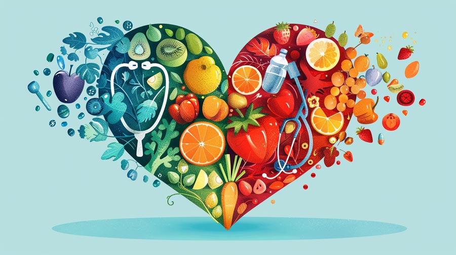 An illustrative image of a heart, divided into vibrant segments showing fruits and vegetables, a water bottle, and a stethoscope, against a gradient background from light blue to green to symbolise cardiovascular health and fitness.