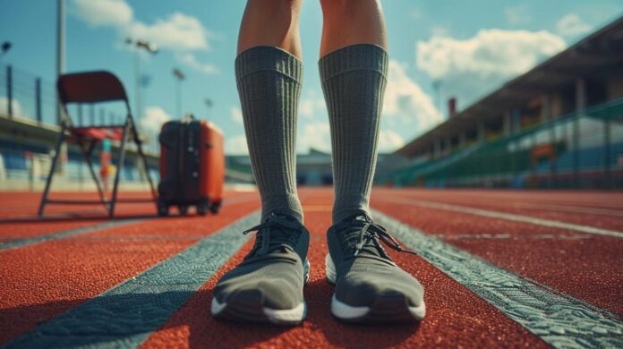 Close-up view of a pair of legs wearing compression socks on a running track, with subtle elements like a travel suitcase and a chair in the background, highlighting the benefits of compression socks and the socks' versatility.