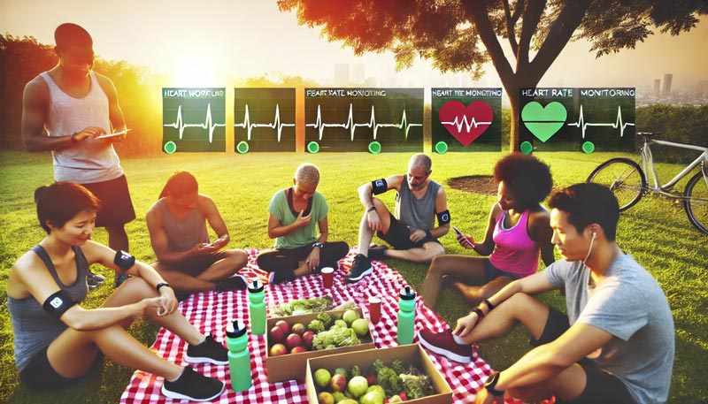 A diverse group of people is sitting on a picnic blanket in a park, enjoying healthy snacks while monitoring their heart rates using wearable devices. Various heart rate monitoring graphs are displayed above them, illustrating the integration of fitness and nutrition in a community setting.