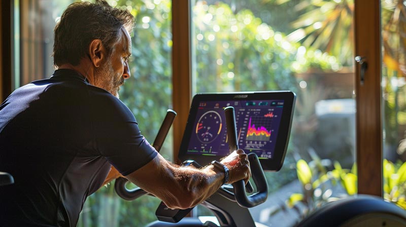 A man is using an exercise bike in a well-lit room, focusing on a screen displaying various fitness metrics such as heart rate and workout intensity graphs.