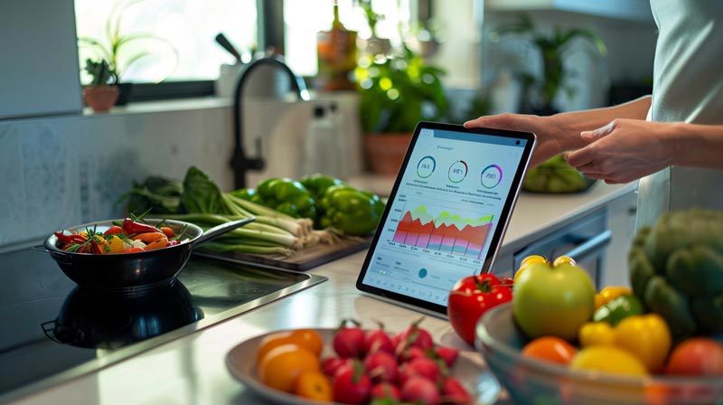 A person is holding a tablet displaying health and nutrition metrics while preparing fresh vegetables in a kitchen. The tablet shows heart rate and nutrition in training data, highlighting the integration of fitness and dietary information.