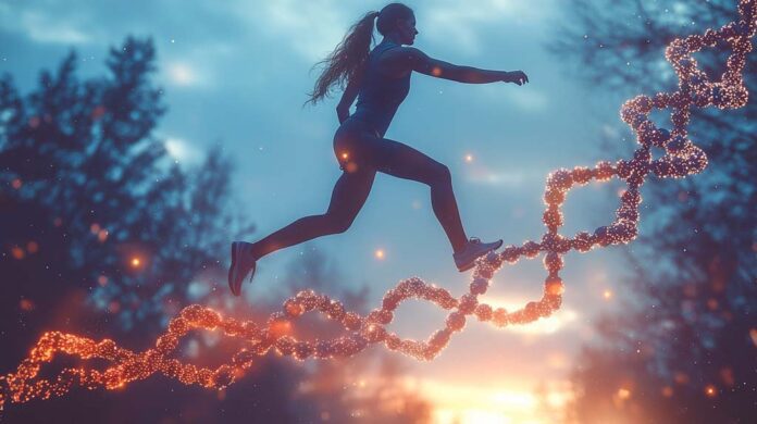 A surrealist digital painting of an athletic figure leaping in the air, surrounded by a glowing strand of DNA, symbolising the connection between physical activity, personal growth, and exercise prescription for diabetes. The background shows a twilight sky with a blend of dynamic energy and nature.