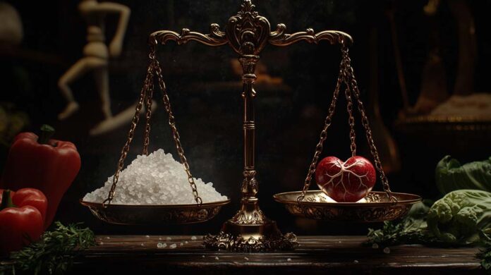 An ornate brass balance scale holds salt on one side and a red heart on the other, symbolising the balance between salt intake and heart health.